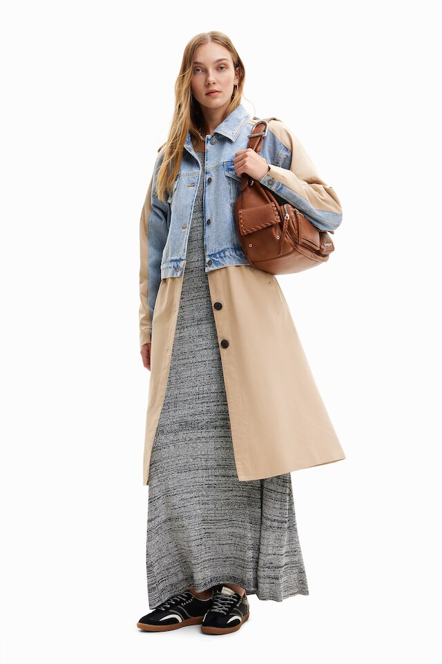 desigual shorlock trench coat in half denim trucker jacket