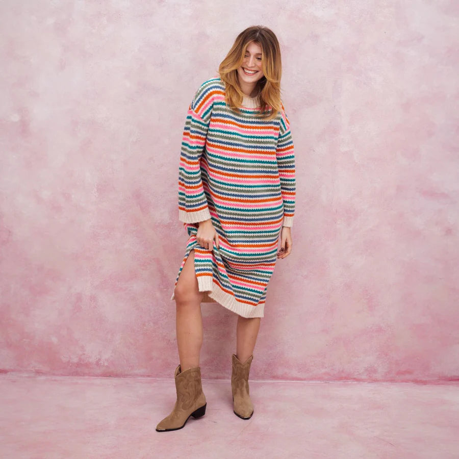 Crafted in the UK by CARA AND THE SKY from vegan yarn and made in small batches, this is the ultimate one-and-done outfit. Ideal for throwing on with boots in winter or styling with sandals come spring. Joyful, flattering and endlessly wearable.
