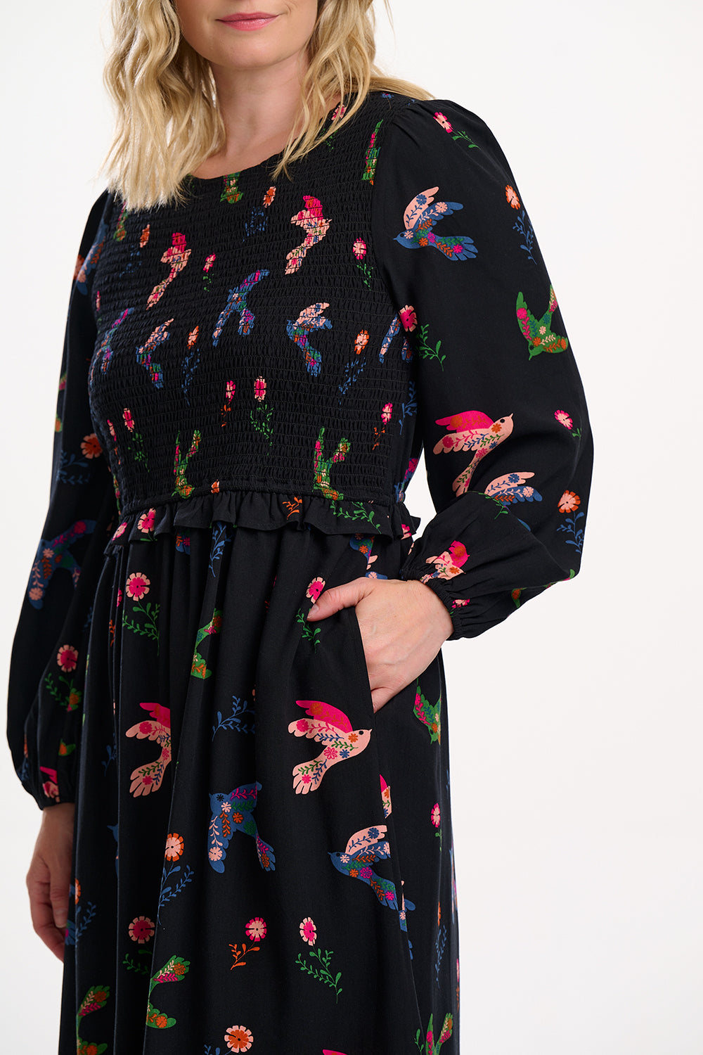SUGARHILL "Darcie Shirred Mid Dress" (Black Rainbow Folk Bird)