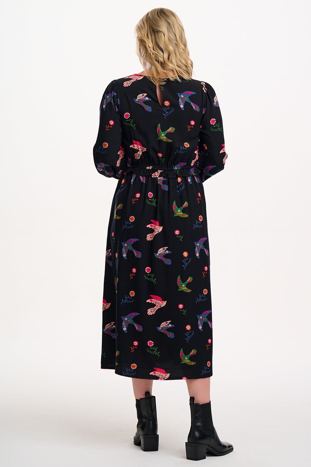 SUGARHILL "Darcie Shirred Mid Dress" (Black Rainbow Folk Bird)