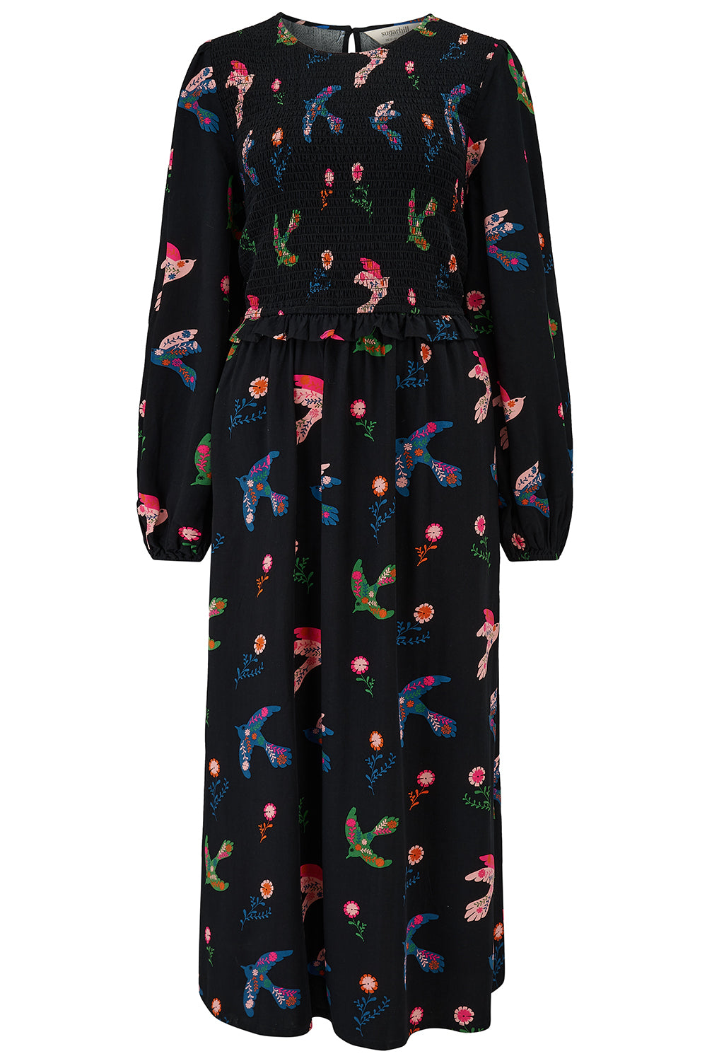 SUGARHILL "Darcie Shirred Mid Dress" (Black Rainbow Folk Bird)