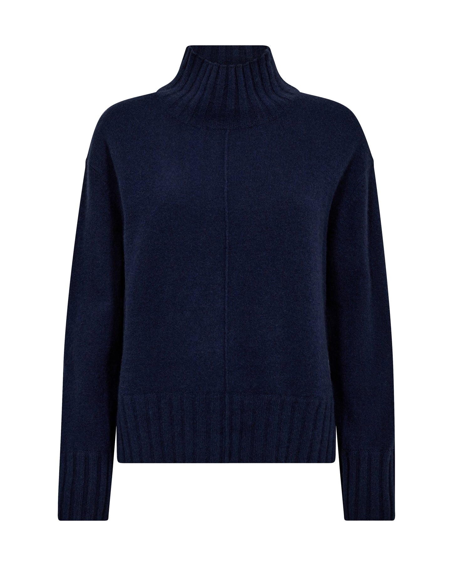 Stay warm this season with this cashmere and wool knit from MOS MOSH. It has a slightly oversize fit and is finished with ribbed details on the high neck, cuffs, and bottom hem, and a raised seem detail down the front. It has a slit on each side, giving it a perfect fit to wear with wide leg jeans.