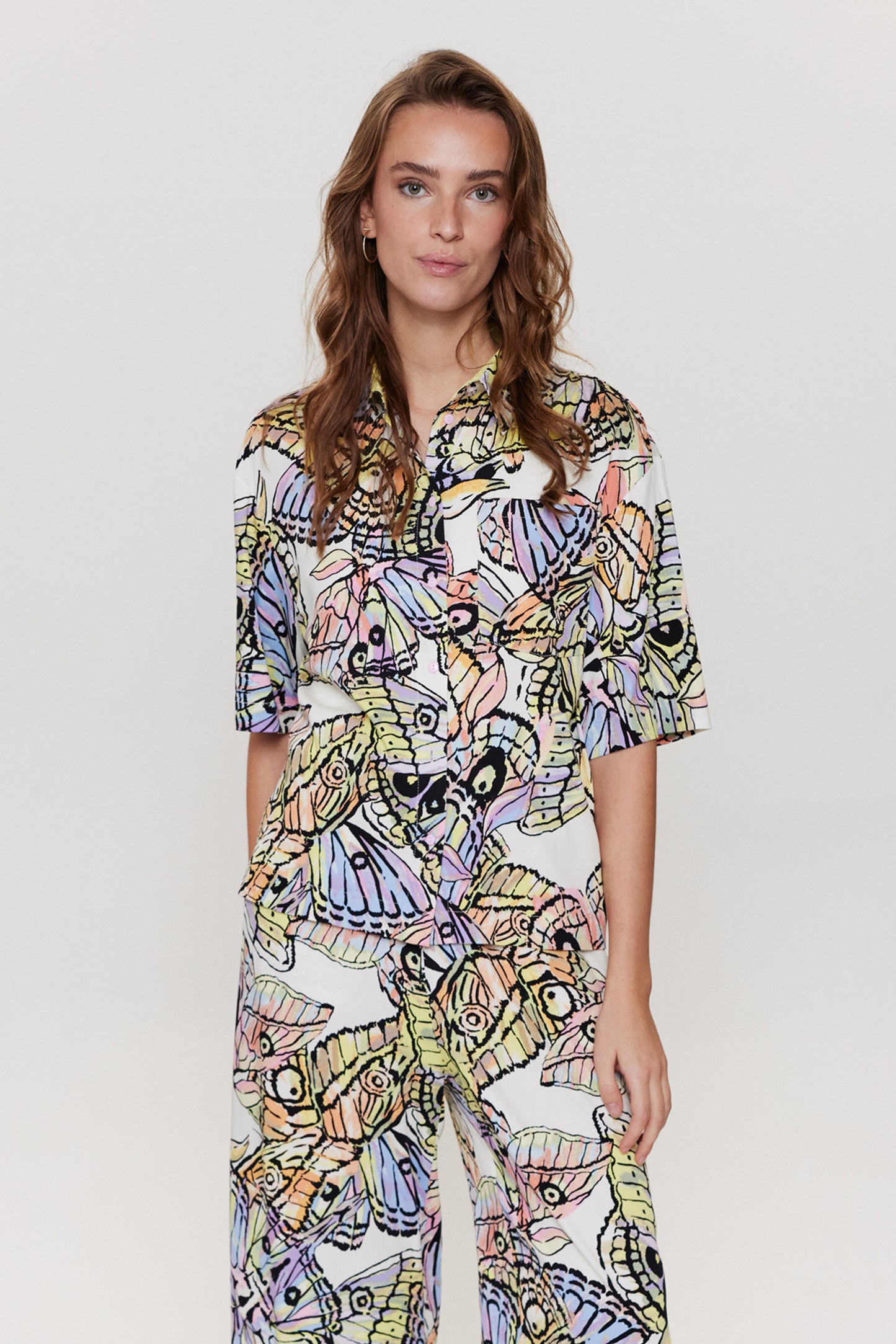 nugala nümph butterfly print short-sleeved blouse/ shirt, statement print, button down with collar, pastels
