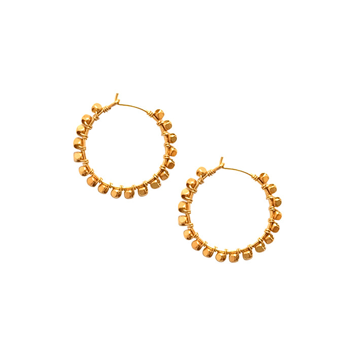 Sparkle and shine with our effortlessly chic hoop earrings from IBU. From day to night, hoop earrings are versatile for any occasion. Ours are handmade from Gold Filled Wire with gold plated beads and finished with 2 comfortable small hooks.