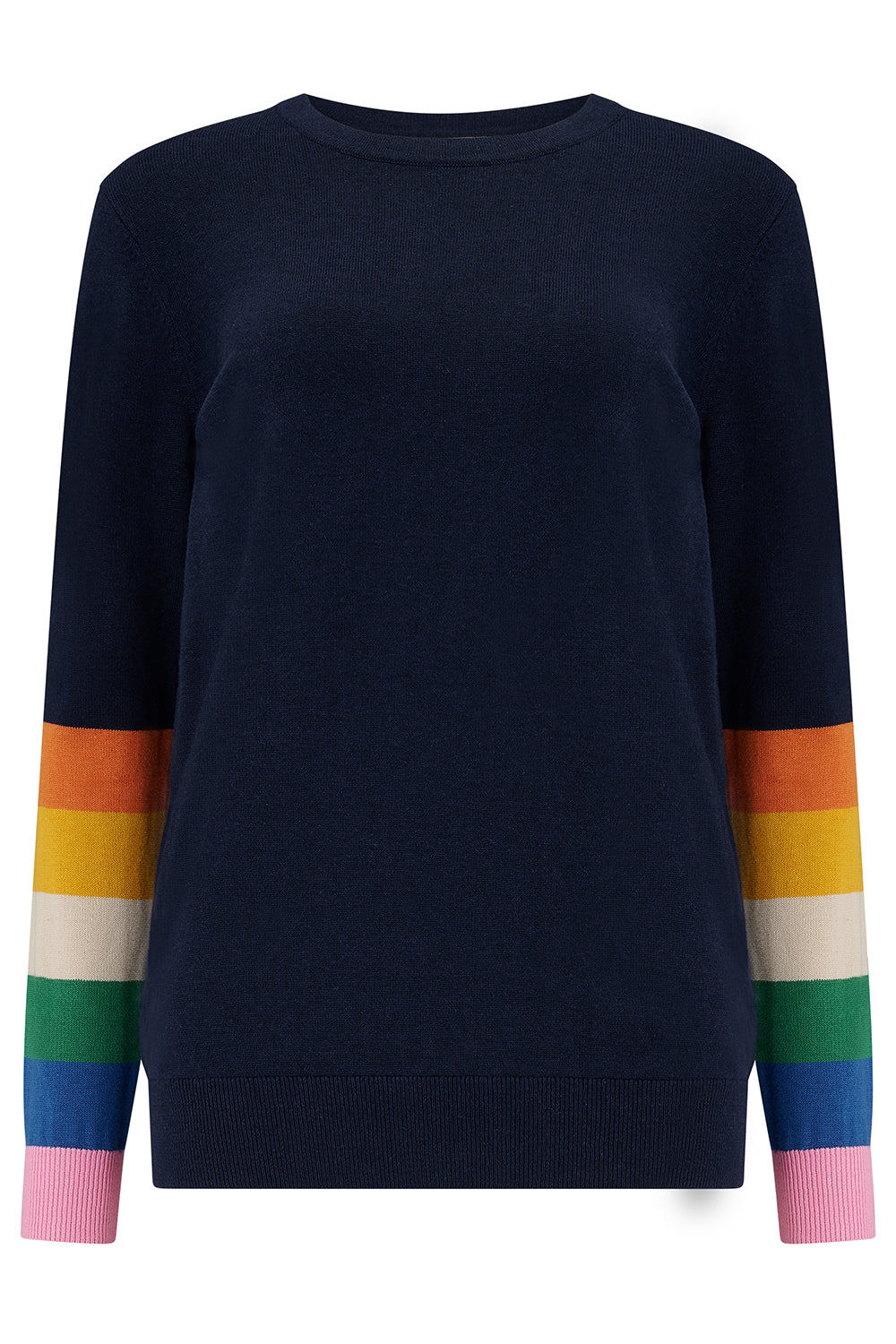 The Rita Jumper from SUGARHILL is giving serious retro vibes – and we’re obsessed. This semi-fitted bestseller is made from a soft, lightweight cotton-mix, with a classic crew neck and mid-hip cut that’s super easy to wear. The Retro Stripes design channels all the ‘70s feels, with bold bands of sunset-inspired hues – think oranges, reds, and golds – popping against a deep navy base. It’s a warm, nostalgic colour combo that brings instant personality to any outfit. Vintage vibes, modern comfort – what’s not