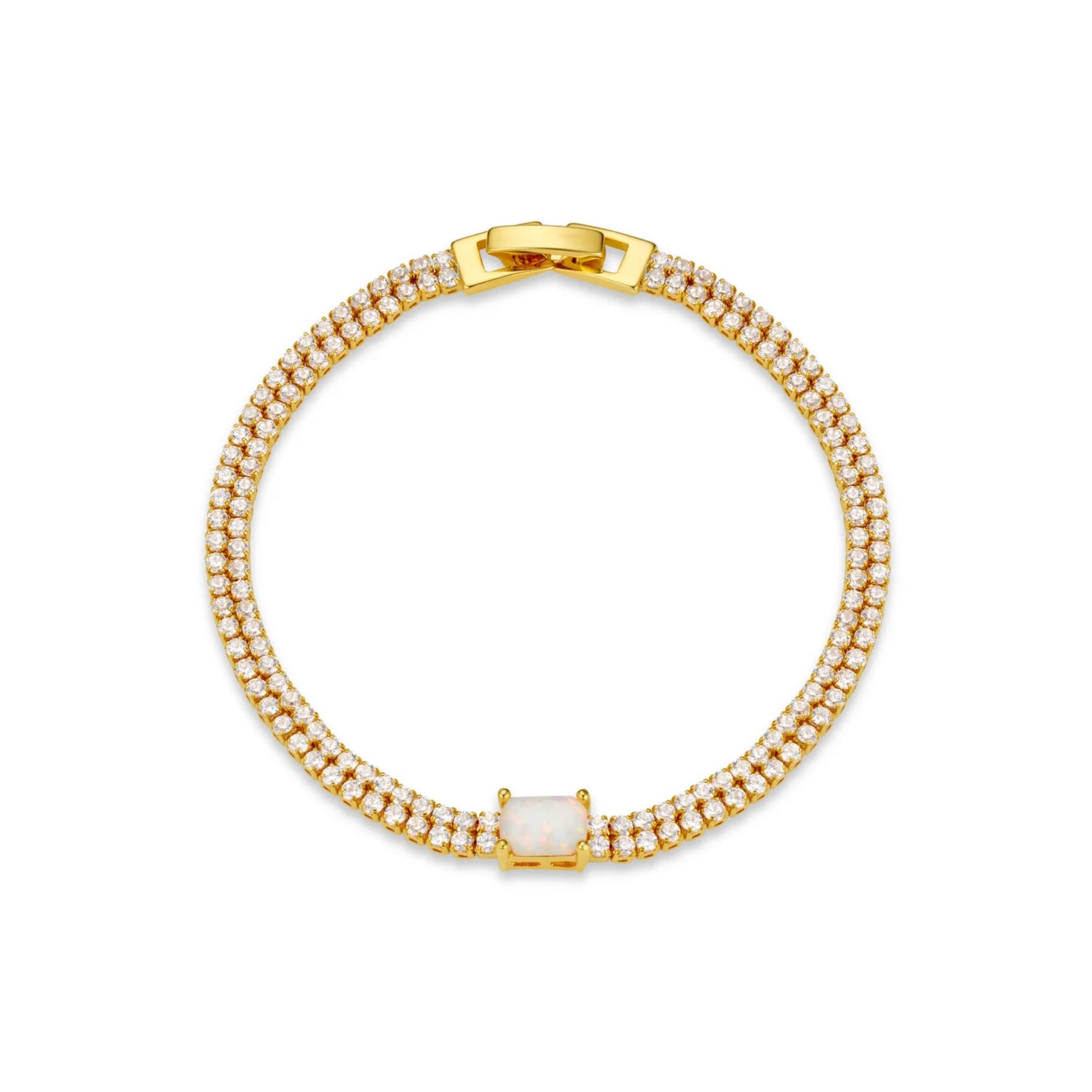 Sparkle twice as bright with the Opal & Crystal Double Row Tennis Bracelet from ORELIA. Featuring two rows of sparkling crystals and a central iridescent opal for unmatched elegance.Lightweight, comfortable, and secured with a sleek clasp, it’s perfect for dressing up or adding a touch of glamour to any outfit.