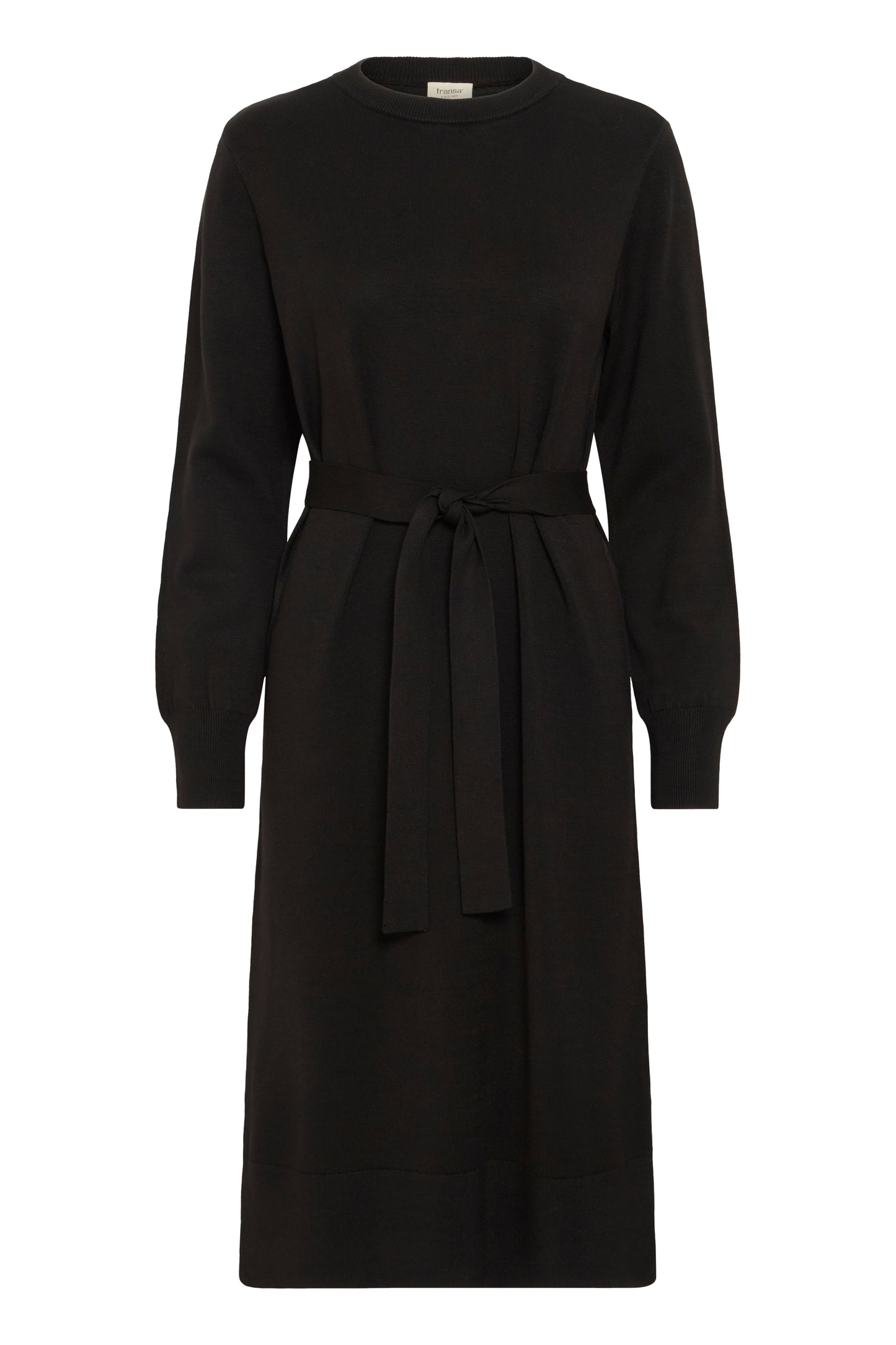 The FRVivienne Dress from FRANSA is a chic black knitted dress. The round neck and long sleeves flatter and the tie belt allows you to wear it tied or without. There is a ribbed hem and ribbed cuff detail. The fit is true to size and flatters every figure. The perfect everyday LBD .
