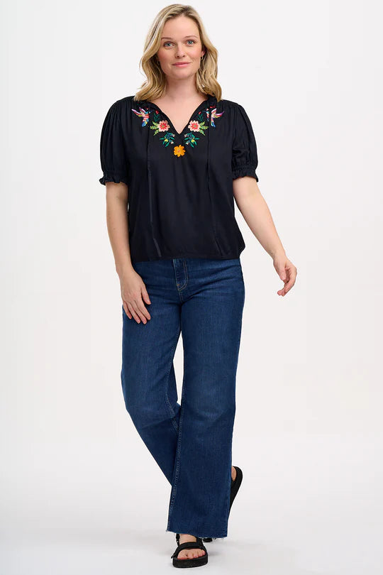 SUGARHILL "Angelique Shirred Top" (Black Tropical Hummingbird)