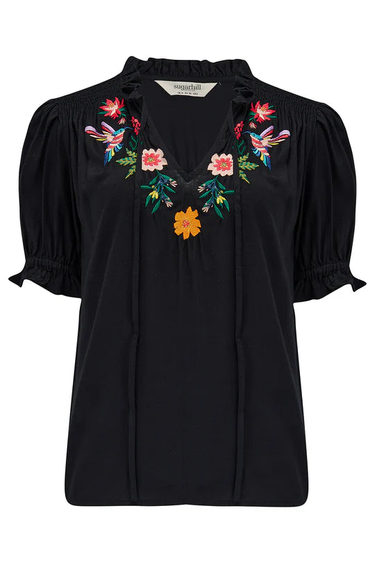 SUGARHILL "Angelique Shirred Top" (Black Tropical Hummingbird)