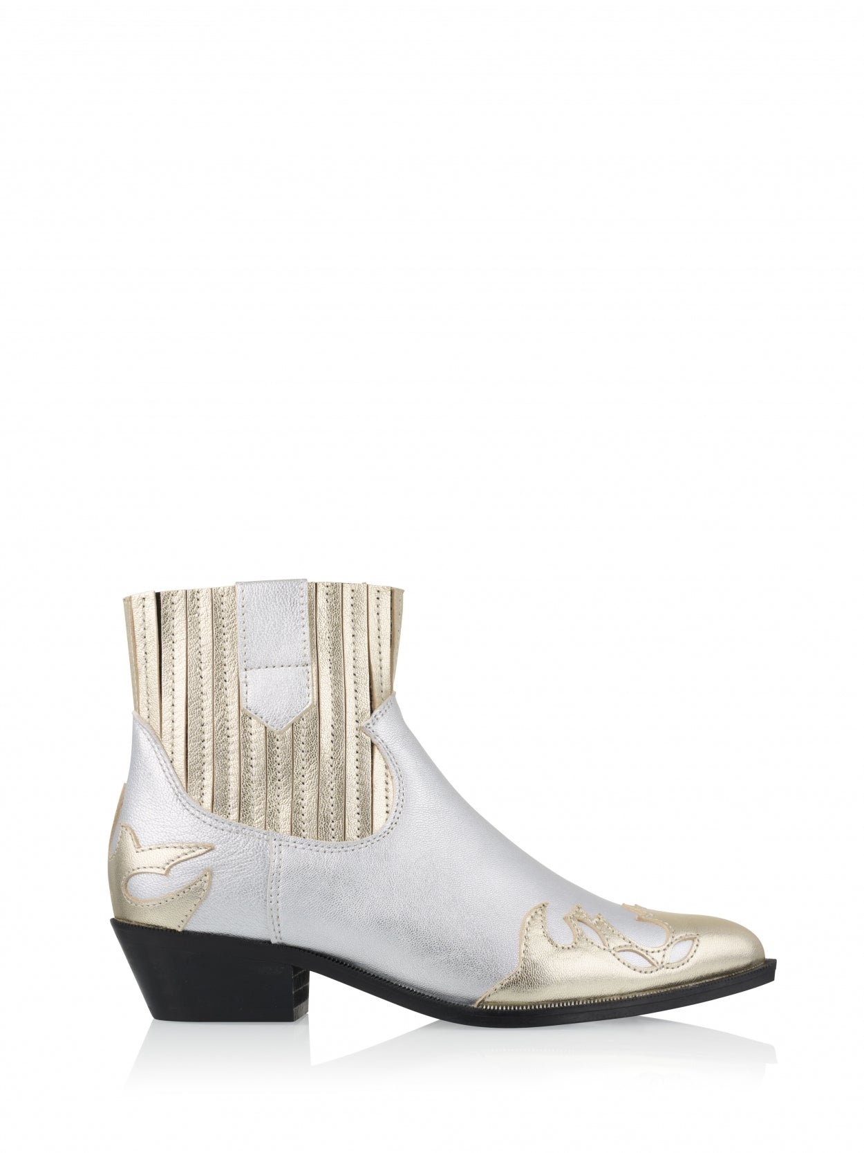 Introducing the Austin spring metallic leather Western Boot by shoe brand DWRS. This Western inspired style sits just at the ankle with cut out flame detail in a shiny metallic leather on the toe. On trend and super comfortable, these boots are an absolute wardrobe must have. They are true to size.