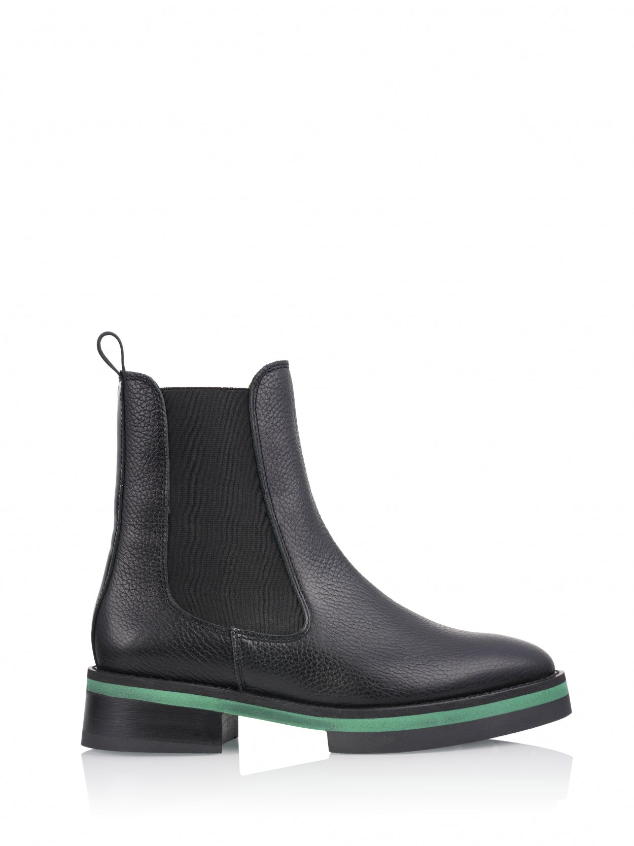 A great little Chelsea boot from European brand DWRS. This simple pull on leather boot is super comfortable for everyday wear. The bright green stripe around the boot above the sole adds that's point of difference.