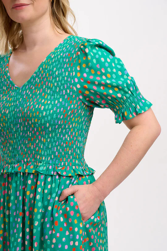 SUGARHILL "Bettina Shirred Midi Dress" (Green Rainbow Pebbles)