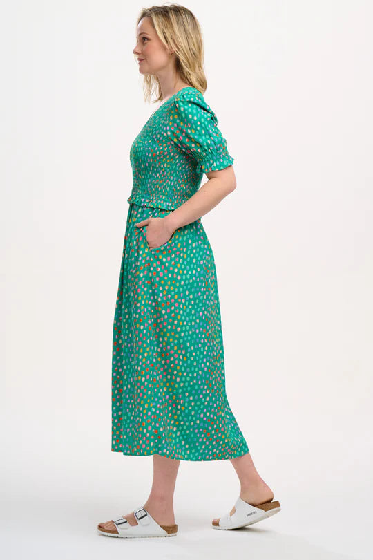 SUGARHILL "Bettina Shirred Midi Dress" (Green Rainbow Pebbles)