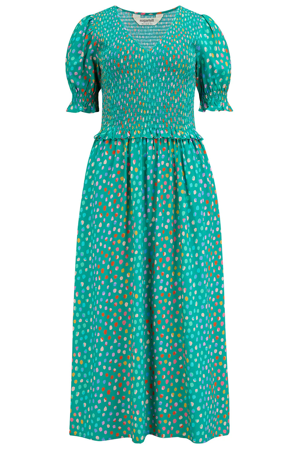 SUGARHILL "Bettina Shirred Midi Dress" (Green Rainbow Pebbles)