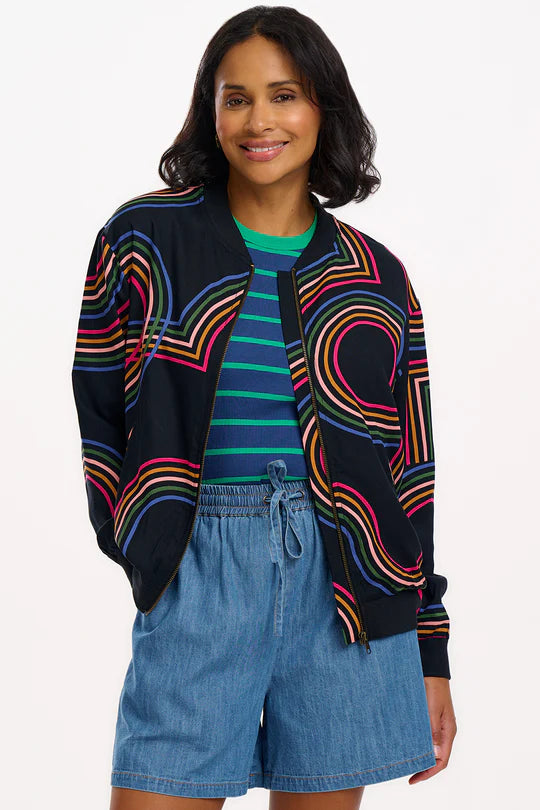 The Bobbi from SUGARHILL is a new style this season, featuring a relaxed fit with zip fastening and pockets. Featuring our exclusive Retro Racer print with abstract muted multicoloured stripes on a black base.This lightweight Bomber jacket is Ideal for layering and looks great worn with denim.