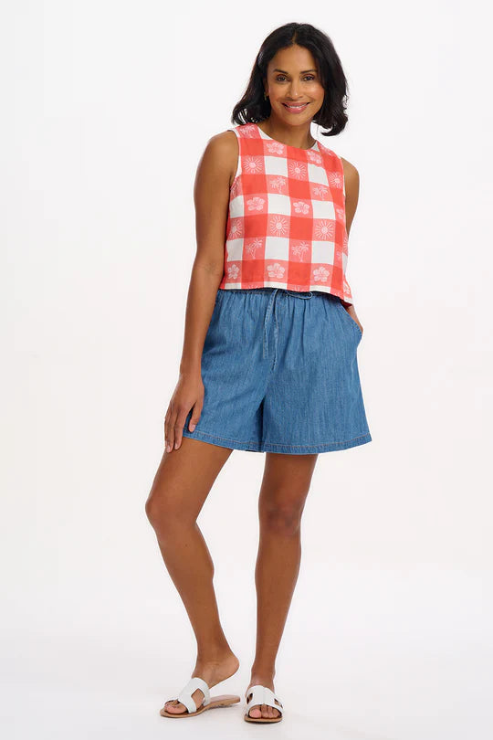SUGARHILL "Bruna Top" (Off White/Coral Tropical Gingham)