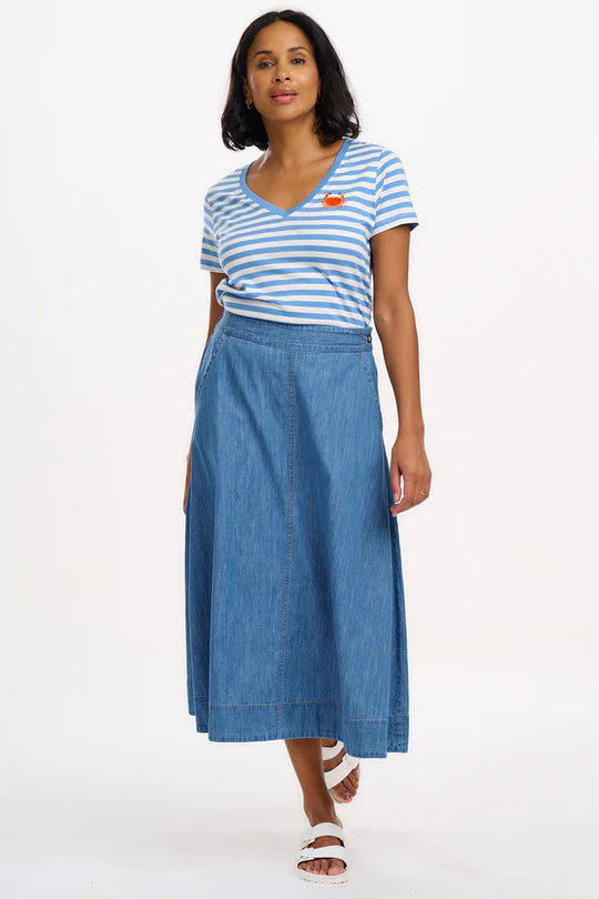 SUGARHILL "Khloe V Neck T Shirt" (Off White/Blue Stripey Crab)