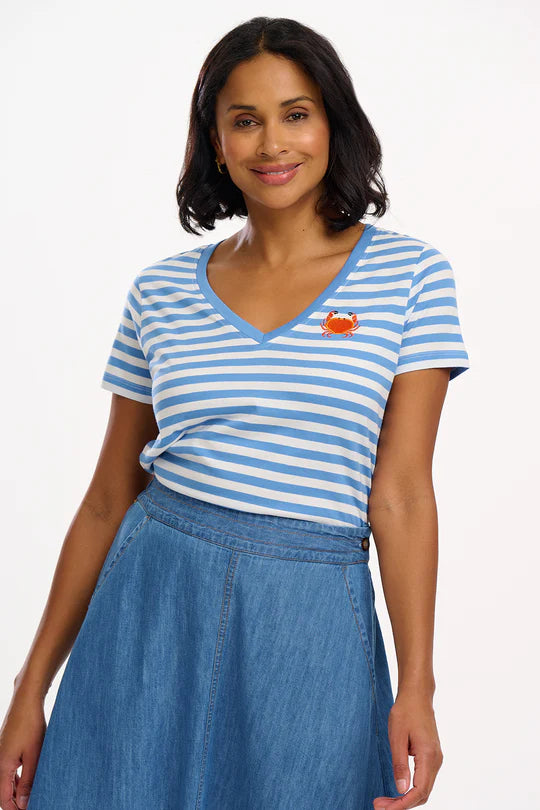 SUGARHILL "Khloe V Neck T Shirt" (Off White/Blue Stripey Crab)