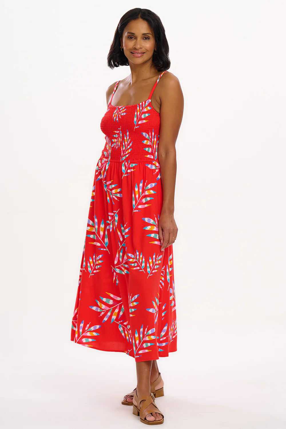 SUGARHILL "Christabel Shirred Midi Dress" (Red Rainbow Fronds)