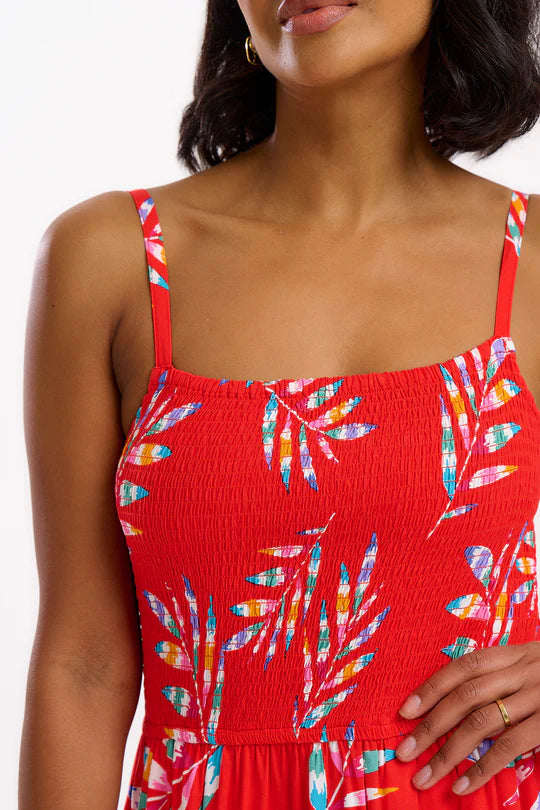SUGARHILL "Christabel Shirred Midi Dress" (Red Rainbow Fronds)