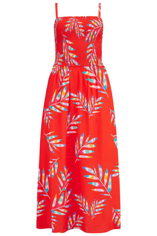 SUGARHILL "Christabel Shirred Midi Dress" (Red Rainbow Fronds)