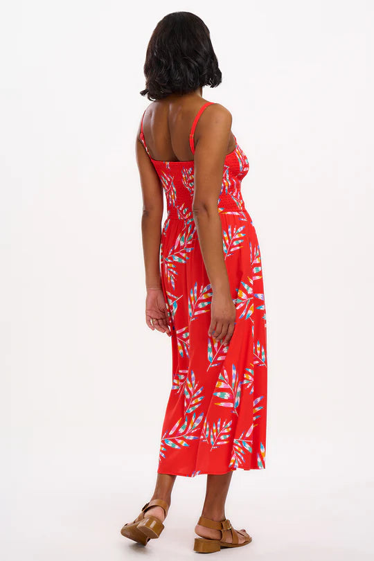 SUGARHILL "Christabel Shirred Midi Dress" (Red Rainbow Fronds)