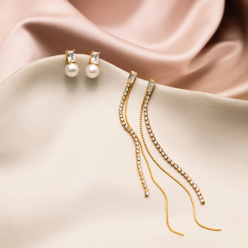 ORELIA "Crystal Baguette & Pearl Stud" (Gold)