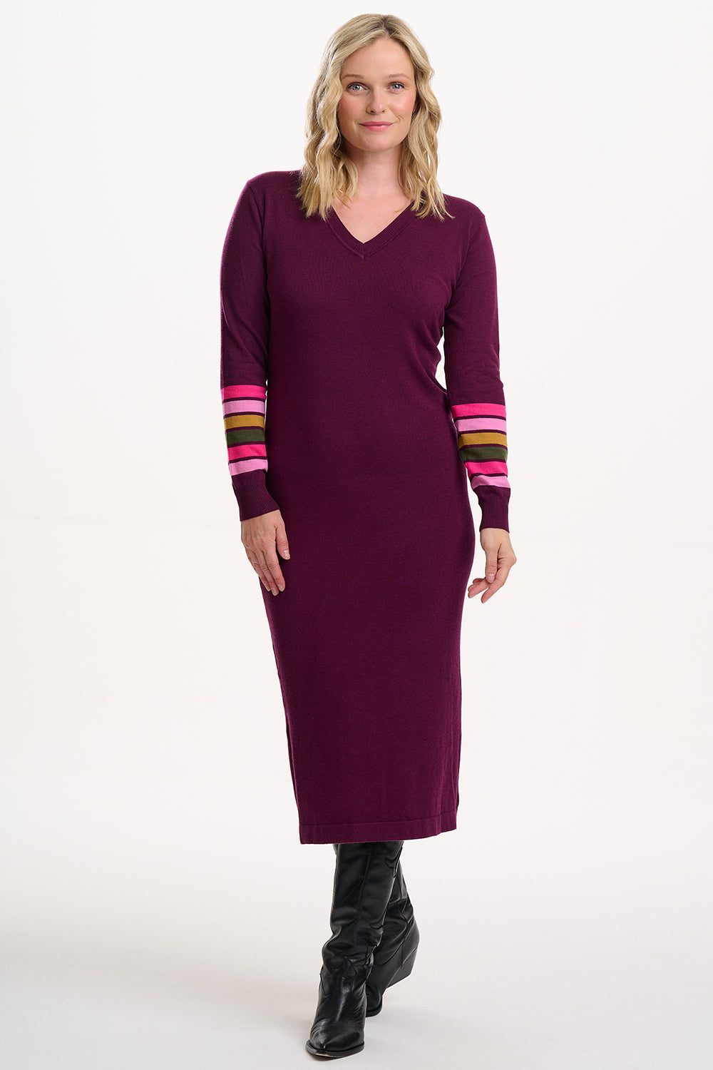 SUGARHILL "Dania Knit Midi Dress" (Burgundy Stripe Sleeve)
