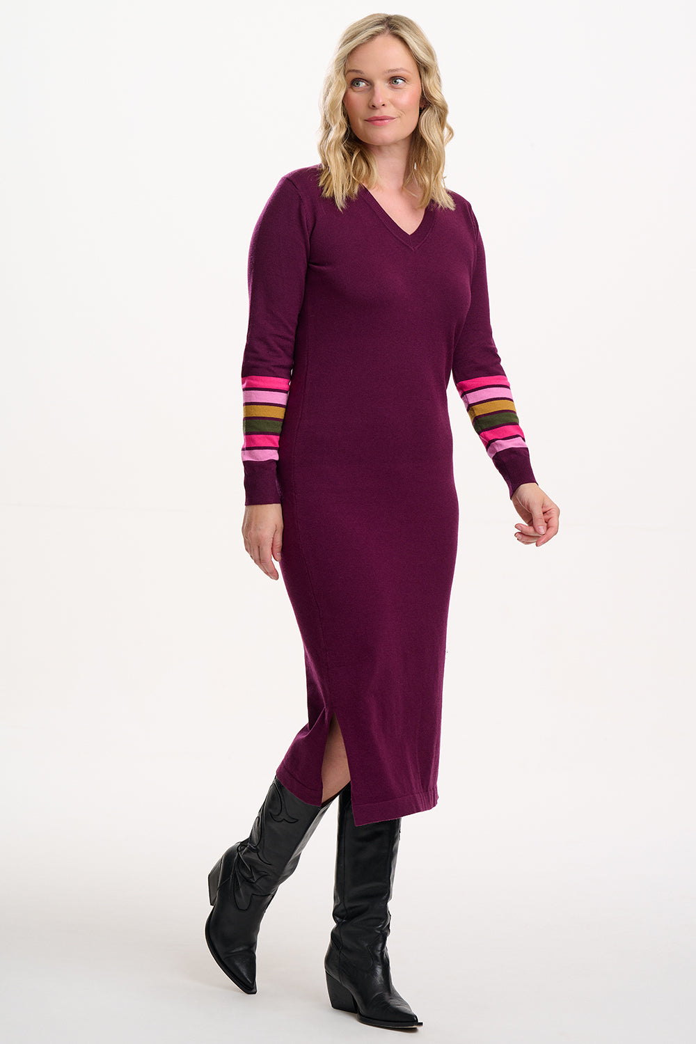 SUGARHILL "Dania Knit Midi Dress" (Burgundy Stripe Sleeve)