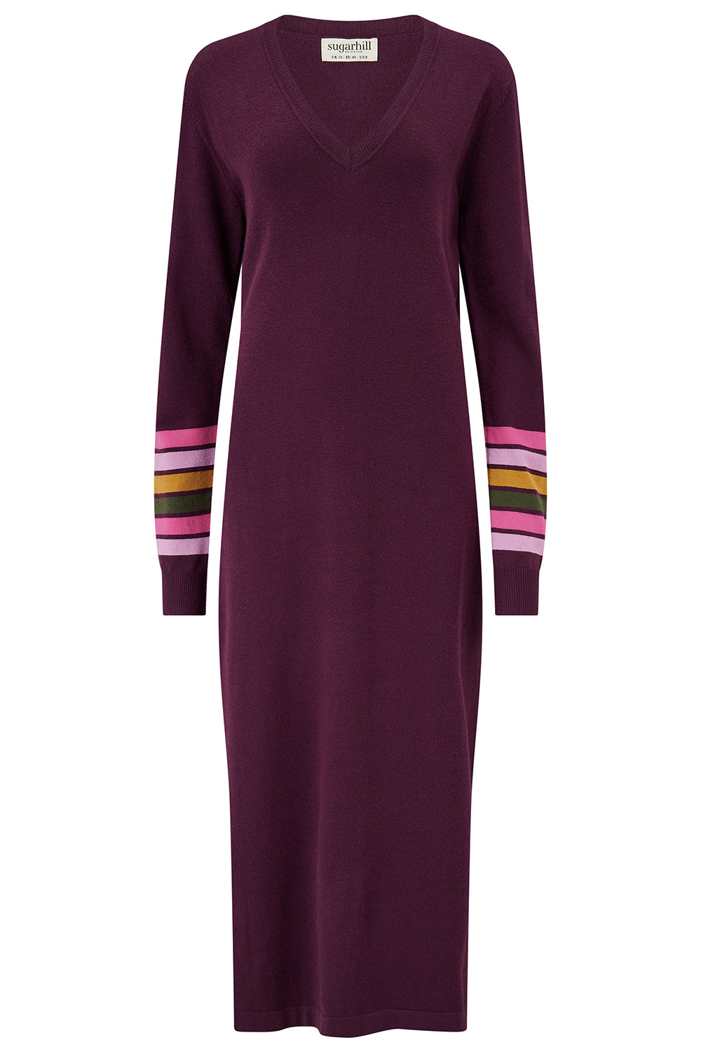 SUGARHILL "Dania Knit Midi Dress" (Burgundy Stripe Sleeve)