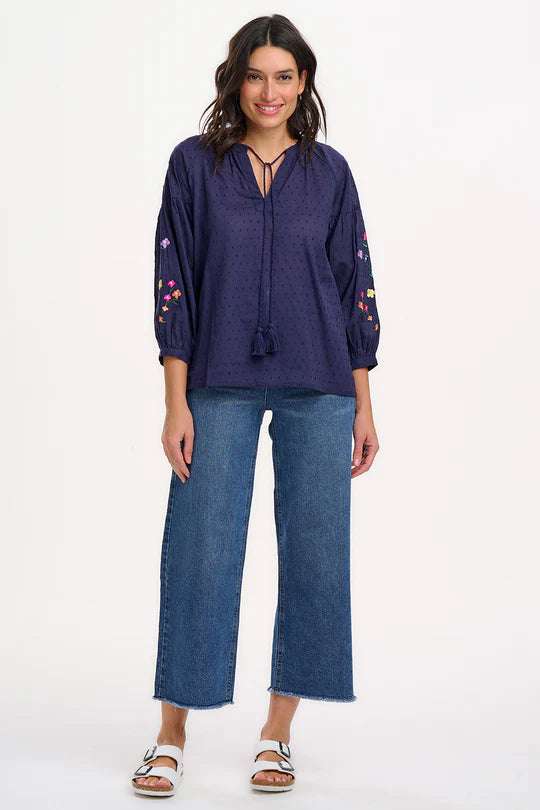 SUGARHILL "Delphi Boho Top" (Navy Rainbow Flowers)