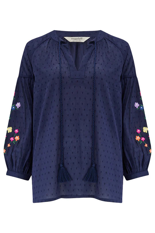 SUGARHILL "Delphi Boho Top" (Navy Rainbow Flowers)