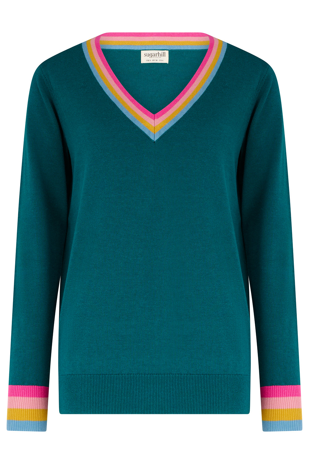 SUGARHILL "Doris V Neck Jumper " (Teal Rainbow Stripe)