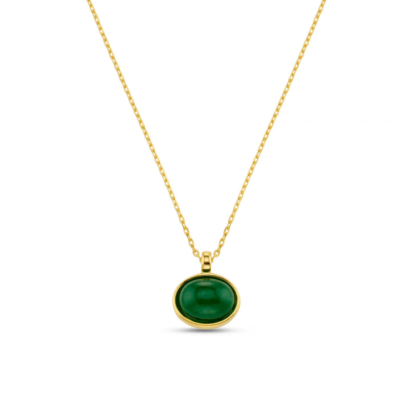 The Semi-Precious Green Pendant Necklace, featuring a beautifully cut green Jade semi-precious stone set in a gold-tone frame, this pendant captures light and attention with its rich, earthy hue and subtle veining.