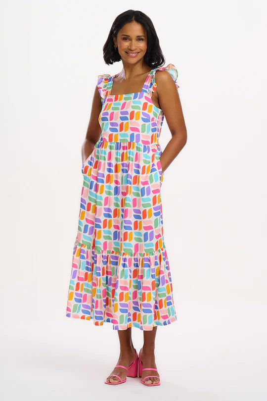 SUGARHILL "Estelle Shirred Midi Sundress" (Off White Curved Geometric)