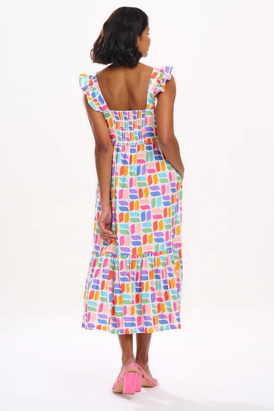 SUGARHILL "Estelle Shirred Midi Sundress" (Off White Curved Geometric)
