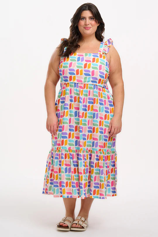 SUGARHILL "Estelle Shirred Midi Sundress" (Off White Curved Geometric)