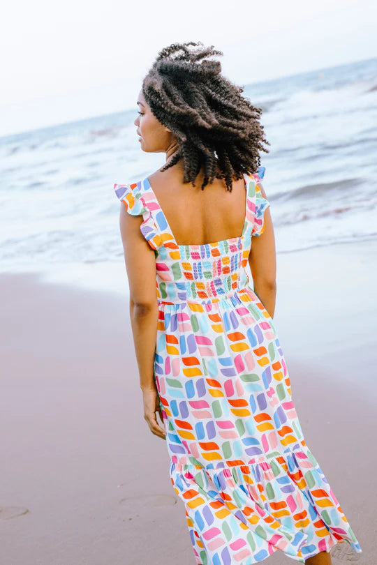SUGARHILL "Estelle Shirred Midi Sundress" (Off White Curved Geometric)