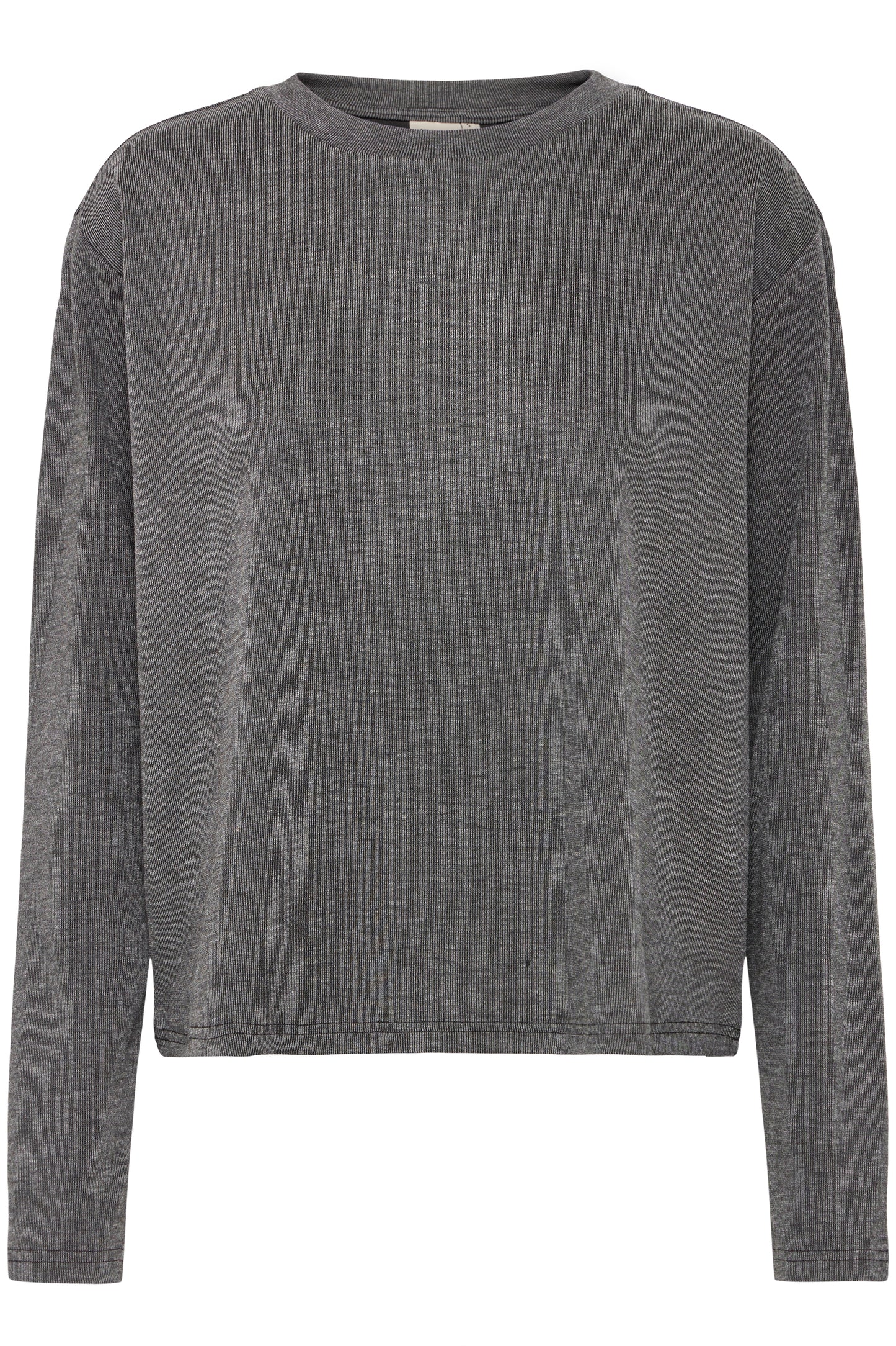 A round neck sweatshirt style top from Scandi brand FRANSA. A round neck piece with a long sleeve in a gently ribbed fabric. The hem is straight and the fit is true to size.
