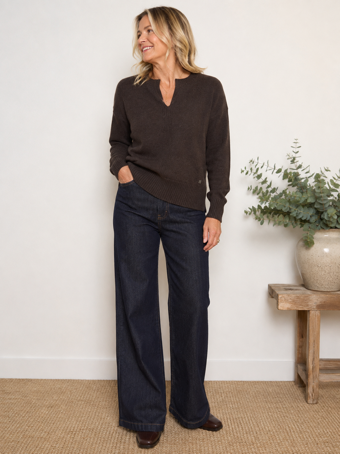 A stunning cashmere knit from MOS MOSH. This slightly fitted notch neck piece fits beautifully under a jacket and looks great with denim. The wide ribbed hem sits beautifully at the waist and the long sleeves have a fine ribbed cuff.