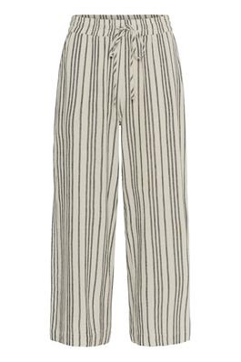 The perfect wide leg crop from Scandi brand KAFFE. This pull on elasticated waist trouser is perfect for the warmer weather and is an easy throw on that will work really hard in your Summer wardrobe. With a tie waist and high rise a perfect fit. Fits true to size.