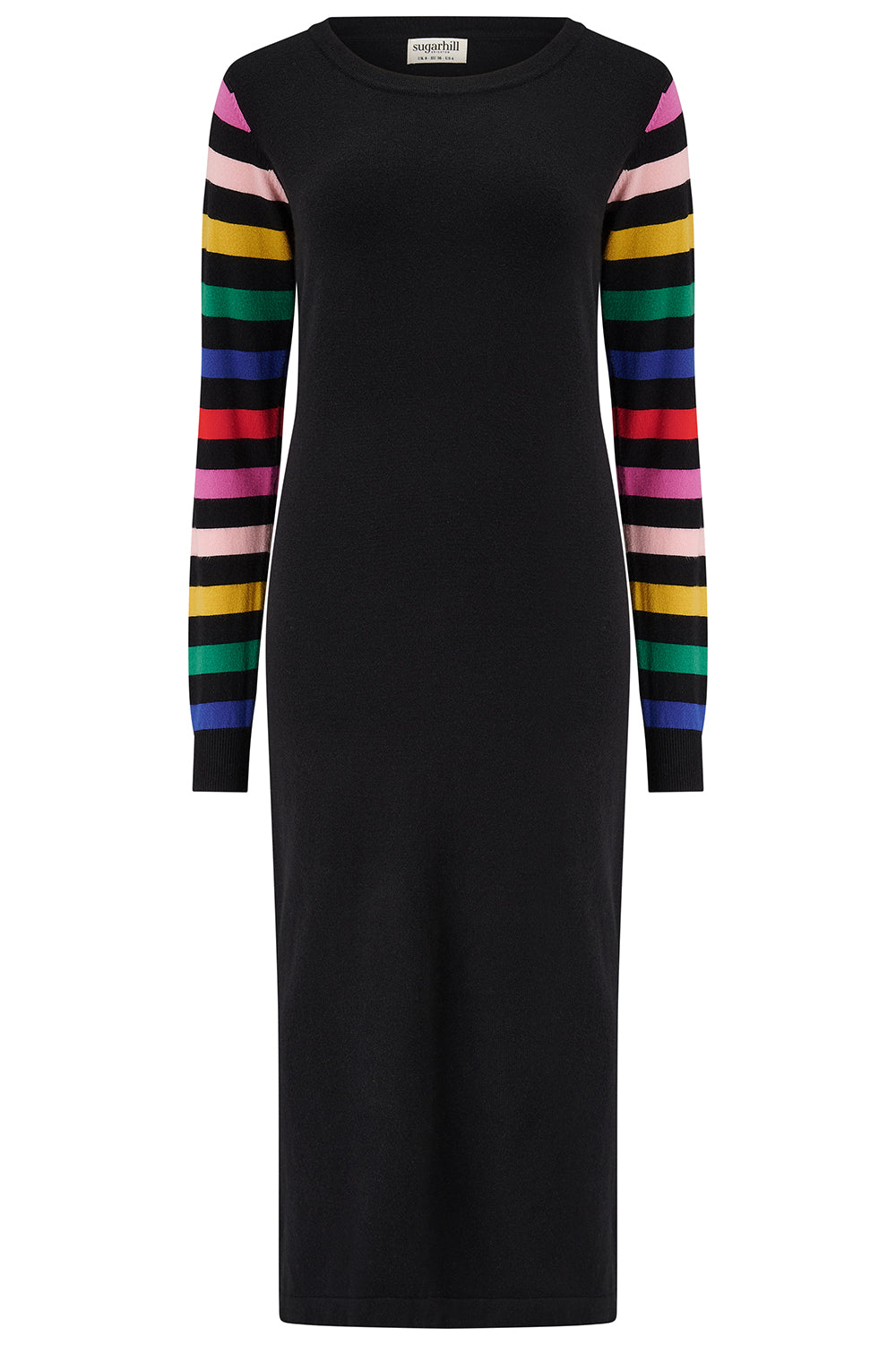 SUGARHILL "Liselle Knit Midi Dress" (Black Rainbow Sleeves)