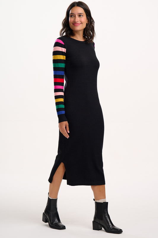 SUGARHILL "Liselle Knit Midi Dress" (Black Rainbow Sleeves)
