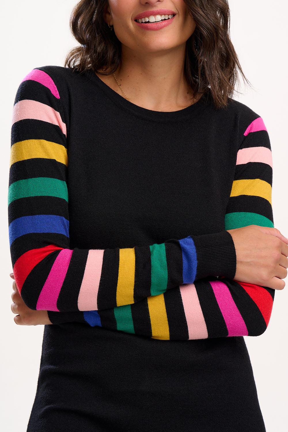 SUGARHILL "Liselle Knit Midi Dress" (Black Rainbow Sleeves)