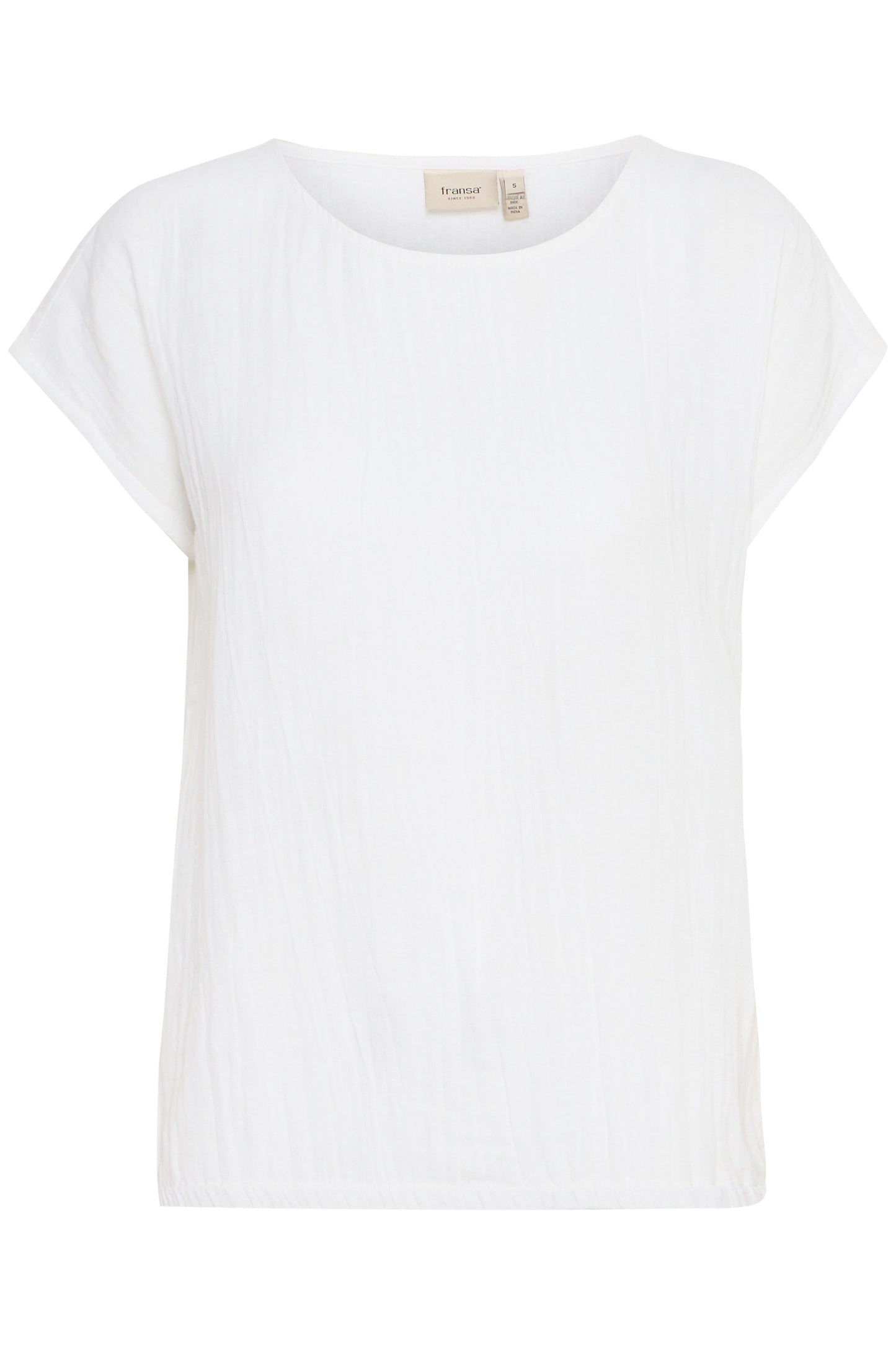 A great wardrobe basic form FRANSA. A simple round neck blouse with cap sleeves and an elasticated hem for a great fit. The fit is true to size.