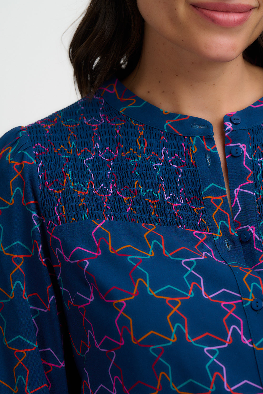 SUGARHILL "Mina Shirred Blouse" (Teal Stars)