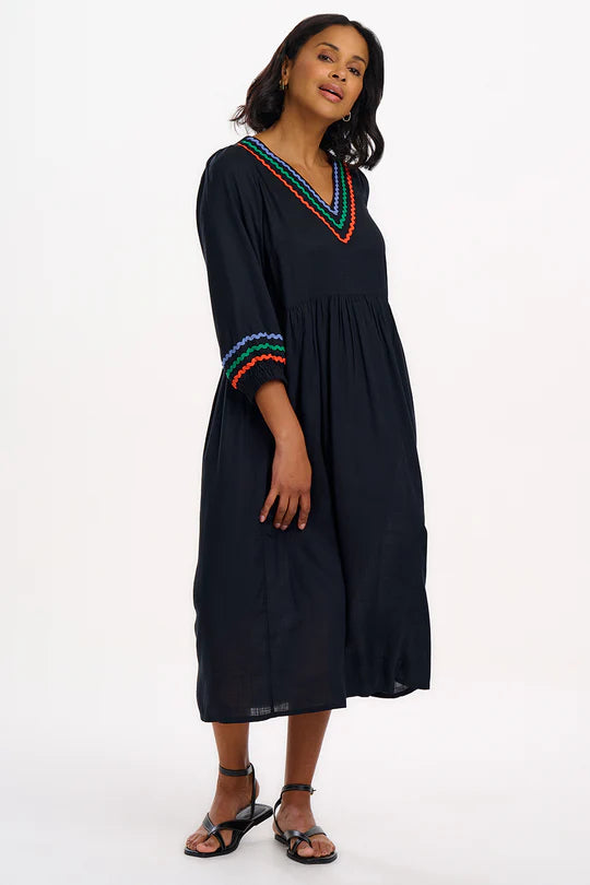 SUGARHILL "Miquita Smock Dress" (Black Rainbow Ric Rac)
