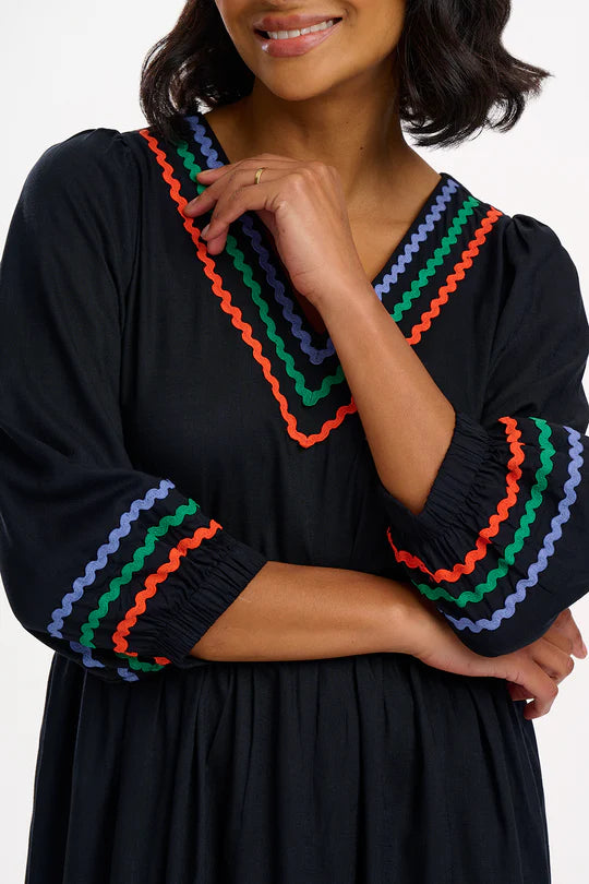 SUGARHILL "Miquita Smock Dress" (Black Rainbow Ric Rac)