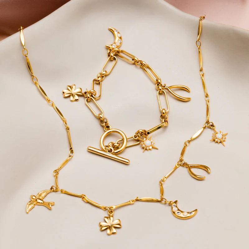 ORELIA "Mixed Lucky Charm T bar Bracelet" (Gold)