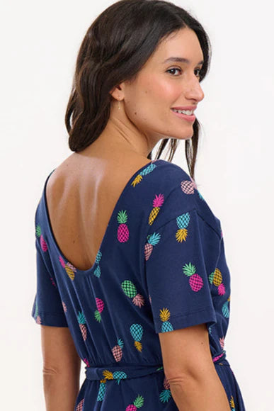 SUGARHILL "Moira Jersey Midi Dress" (Navy Rainbow Pineapples)